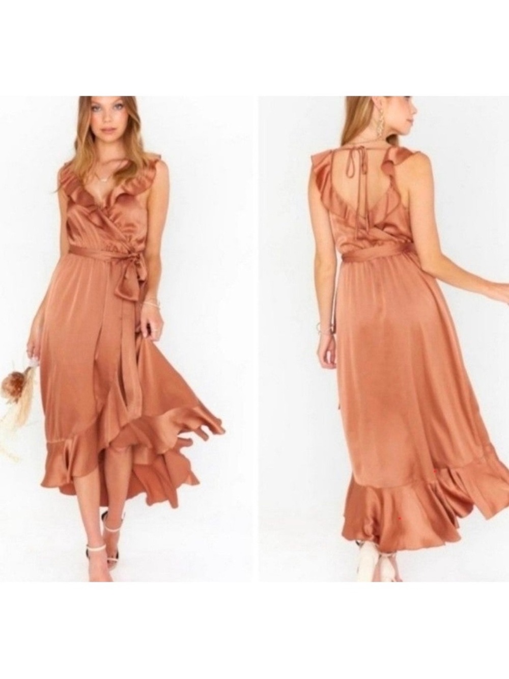 Samantha Ruffle Wrap Dress in Bronze Satin